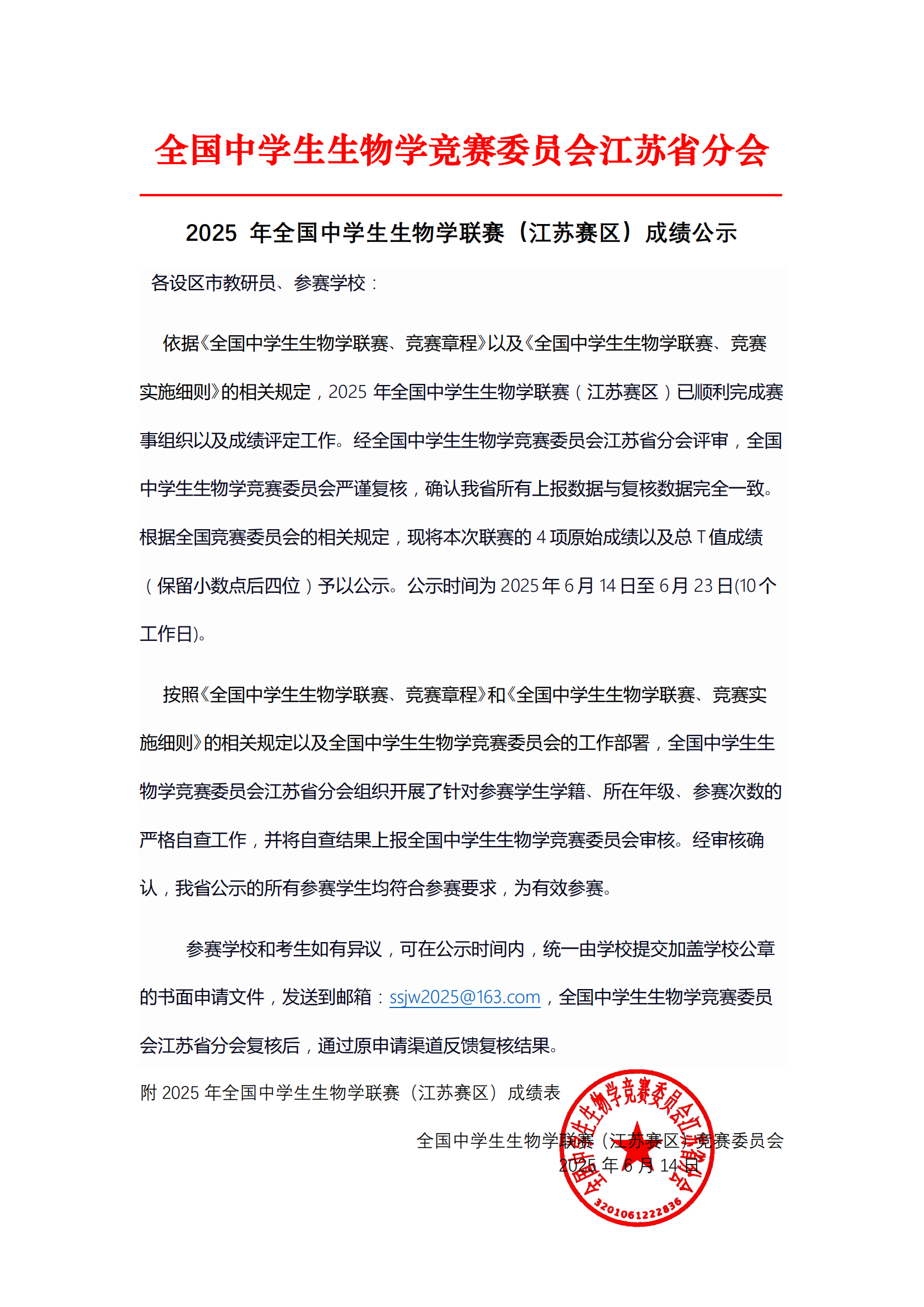 2025年全国中学生生物学联赛（江苏赛区）总成绩